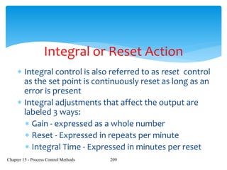 Chapter 15 - Process Control Methods 209
Integral or Reset Action
 Integral control is also referred to as reset control
as the set point is continuously reset as long as an
error is present
 Integral adjustments that affect the output are
labeled 3 ways:
 Gain - expressed as a whole number
 Reset - Expressed in repeats per minute
 Integral Time - Expressed in minutes per reset
 