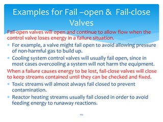Fail-open valves will open and continue to allow flow when the
control valve loses energy in a failure situation.
 For example, a valve might fail open to avoid allowing pressure
of non-harmful gas to build up.
 Cooling system control valves will usually fail open, since in
most cases overcooling a system will not harm the equipment.
When a failure causes energy to be lost, fail-close valves will close
to keep streams contained until they can be checked and fixed.
 Toxic streams will almost always fail closed to prevent
contamination.
 Reactor heating streams usually fail closed in order to avoid
feeding energy to runaway reactions.
255
Examples for Fail –open & Fail-close
Valves
 