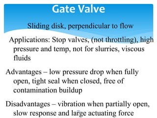 Gate Valve
Sliding disk, perpendicular to flow
Applications: Stop valves, (not throttling), high
pressure and temp, not for slurries, viscous
fluids
Advantages – low pressure drop when fully
open, tight seal when closed, free of
contamination buildup
Disadvantages – vibration when partially open,
slow response and large actuating force
265
 