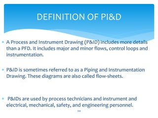  A Process and Instrument Drawing (P&ID) includes more details
than a PFD. It includes major and minor flows, control loops and
instrumentation.
 P&ID is sometimes referred to as a Piping and Instrumentation
Drawing. These diagrams are also called flow-sheets.
 P&IDs are used by process technicians and instrument and
electrical, mechanical, safety, and engineering personnel.
DEFINITION OF PI&D
344
 