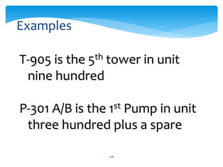 Examples
T-905 is the 5th tower in unit
nine hundred
P-301 A/B is the 1st Pump in unit
three hundred plus a spare
378
 