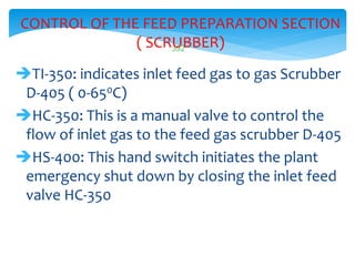 392
CONTROL OF THE FEED PREPARATION SECTION
( SCRUBBER)
TI-350: indicates inlet feed gas to gas Scrubber
D-405 ( 0-650C)
HC-350: This is a manual valve to control the
flow of inlet gas to the feed gas scrubber D-405
HS-400: This hand switch initiates the plant
emergency shut down by closing the inlet feed
valve HC-350
 