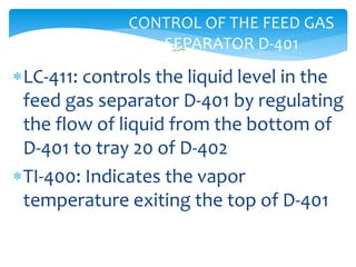 394
CONTROL OF THE FEED GAS
SEPARATOR D-401
LC-411: controls the liquid level in the
feed gas separator D-401 by regulating
the flow of liquid from the bottom of
D-401 to tray 20 of D-402
TI-400: Indicates the vapor
temperature exiting the top of D-401
 