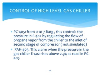 CONTROL OF HIGH LEVEL GAS CHILLER
 PC-405: from 0 to 7 Barg , this controls the
pressure in E-402 by regulating the flow of
propane vapor from the chiller to the inlet of
second stage of compressor ( not simulated)
 PAH-405: This alarm when the pressure in the
gas chiller E-402 rises above 2.94 as read in PC-
405
396
 