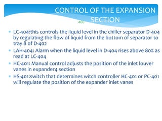 400
CONTROL OF THE EXPANSION
SECTION
 LC-404:this controls the liquid level in the chiller separator D-404
by regulating the flow of liquid from the bottom of separator to
tray 8 of D-402
 LAH-404: Alarm when the liquid level in D-404 rises above 80% as
read at LC-404
 HC-401: Manual control adjusts the position of the inlet louver
vanes in expander4 section
 HS-401:switch that determines witch controller HC-401 or PC-401
will regulate the position of the expander inlet vanes
 