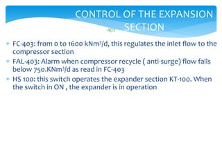 401
CONTROL OF THE EXPANSION
SECTION
 FC-403: from 0 to 1600 kNm3/d, this regulates the inlet flow to the
compressor section
 FAL-403: Alarm when compressor recycle ( anti-surge) flow falls
below 750.KNm3/d as read in FC-403
 HS 100: this switch operates the expander section KT-100. When
the switch in ON , the expander is in operation
 