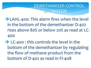 404
DEMETHANIZER CONTROL
SYSTEM
LAHL-400: This alarm fires when the level
in the bottom of the demethanizer D-402
rises above 80% or below 20% as read at LC-
400
 LC-400 : this controls the level in the
bottom of the demethanizer by regulating
the flow of methane product from the
bottom of D-402 as read in FI-408
 