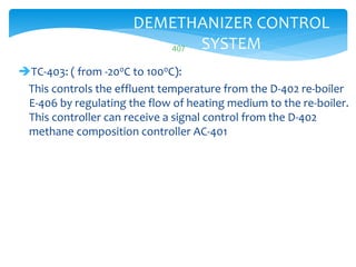 407
DEMETHANIZER CONTROL
SYSTEM
TC-403: ( from -200C to 1000C):
This controls the effluent temperature from the D-402 re-boiler
E-406 by regulating the flow of heating medium to the re-boiler.
This controller can receive a signal control from the D-402
methane composition controller AC-401
 