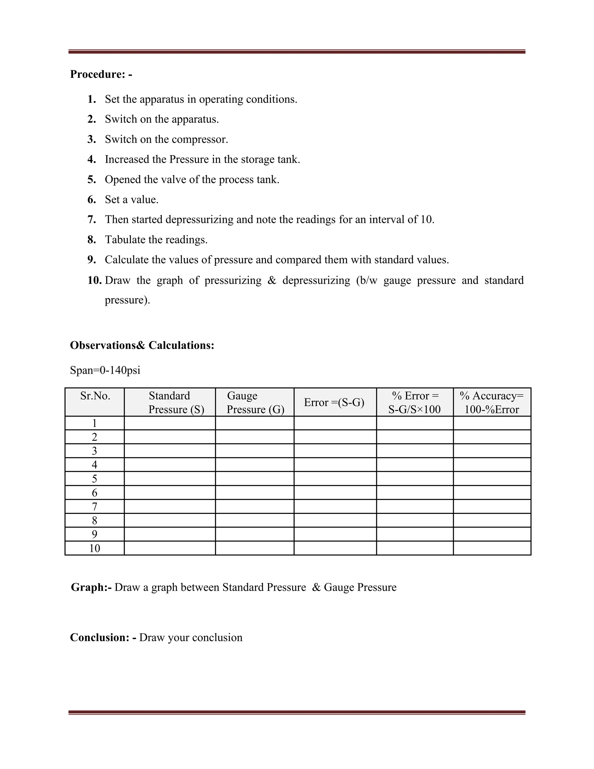 Procedure: -
1. Set the apparatus in operating conditions.
2. Switch on the apparatus.
3. Switch on the compressor.
4. Increased the Pressure in the storage tank.
5. Opened the valve of the process tank.
6. Set a value.
7. Then started depressurizing and note the readings for an interval of 10.
8. Tabulate the readings.
9. Calculate the values of pressure and compared them with standard values.
10. Draw the graph of pressurizing & depressurizing (b/w gauge pressure and standard
pressure).
Observations& Calculations:
Span=0-140psi
Sr.No. Standard Gauge
Error =(S-G)
% Error = % Accuracy=
Pressure (S) Pressure (G) S-G/S×100 100-%Error
1
2
3
4
5
6
7
8
9
10
Graph:- Draw a graph between Standard Pressure & Gauge Pressure
Conclusion: - Draw your conclusion
 