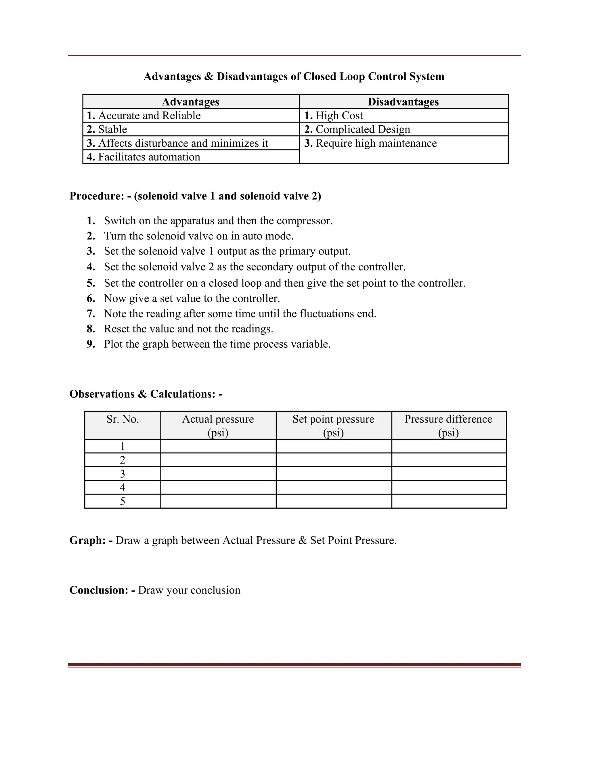 Advantages & Disadvantages of Closed Loop Control System
Advantages Disadvantages
1. Accurate and Reliable 1. High Cost
2. Stable 2. Complicated Design
3. Affects disturbance and minimizes it 3. Require high maintenance
4. Facilitates automation
Procedure: - (solenoid valve 1 and solenoid valve 2)
1. Switch on the apparatus and then the compressor.
2. Turn the solenoid valve on in auto mode.
3. Set the solenoid valve 1 output as the primary output.
4. Set the solenoid valve 2 as the secondary output of the controller.
5. Set the controller on a closed loop and then give the set point to the controller.
6. Now give a set value to the controller.
7. Note the reading after some time until the fluctuations end.
8. Reset the value and not the readings.
9. Plot the graph between the time process variable.
Observations & Calculations: -
Sr. No. Actual pressure Set point pressure Pressure difference
(psi) (psi) (psi)
1
2
3
4
5
Graph: - Draw a graph between Actual Pressure & Set Point Pressure.
Conclusion: - Draw your conclusion
 