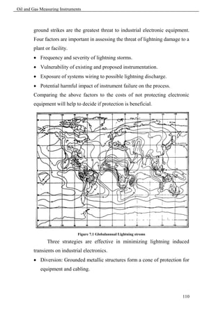 Oil and Gas Measuring Instruments



        ground strikes are the greatest threat to industrial electronic equipment.
        Four factors are important in assessing the threat of lightning damage to a
        plant or facility.
         Frequency and severity of lightning storms.
         Vulnerability of existing and proposed instrumentation.
         Exposure of systems wiring to possible lightning discharge.
         Potential harmful impact of instrument failure on the process.
        Comparing the above factors to the costs of not protecting electronic
        equipment will help to decide if protection is beneficial.




                               Figure 7.1 Globalannual Lightning stroms

               Three strategies are effective in minimizing lightning induced
        transients on industrial electronics.
         Diversion: Grounded metallic structures form a cone of protection for
            equipment and cabling.




                                                                               110
 