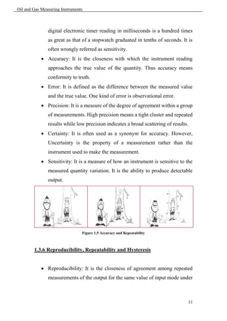 Oil and Gas Measuring Instruments



               digital electronic timer reading in milliseconds is a hundred times
               as great as that of a stopwatch graduated in tenths of seconds. It is
               often wrongly referred as sensitivity.
             Accuracy: It is the closeness with which the instrument reading
               approaches the true value of the quantity. Thus accuracy means
               conformity to truth.
             Error: It is defined as the difference between the measured value
               and the true value. One kind of error is observational error.
             Precision: It is a measure of the degree of agreement within a group
               of measurements. High precision means a tight cluster and repeated
               results while low precision indicates a broad scattering of results.
             Certainty: It is often used as a synonym for accuracy. However,
               Uncertainty is the property of a measurement rather than the
               instrument used to make the measurement.
             Sensitivity: It is a measure of how an instrument is sensitive to the
               measured quantity variation. It is the ability to produce detectable
               output.




                                Figure 1.5 Accuracy and Repeatability



        1.3.6 Reproducibility, Repeatability and Hysteresis


             Reproducibility: It is the closeness of agreement among repeated
               measurements of the output for the same value of input mode under



                                                                                  11
 