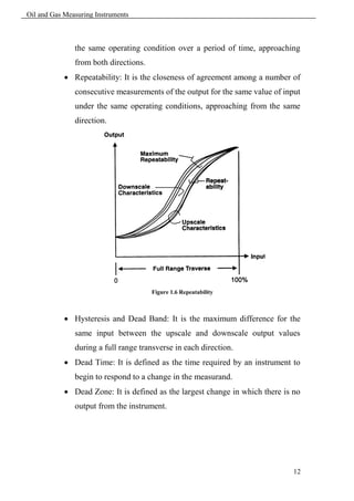 Oil and Gas Measuring Instruments



               the same operating condition over a period of time, approaching
               from both directions.
             Repeatability: It is the closeness of agreement among a number of
               consecutive measurements of the output for the same value of input
               under the same operating conditions, approaching from the same
               direction.




                                       Figure 1.6 Repeatability



             Hysteresis and Dead Band: It is the maximum difference for the
               same input between the upscale and downscale output values
               during a full range transverse in each direction.
             Dead Time: It is defined as the time required by an instrument to
               begin to respond to a change in the measurand.
             Dead Zone: It is defined as the largest change in which there is no
               output from the instrument.




                                                                               12
 