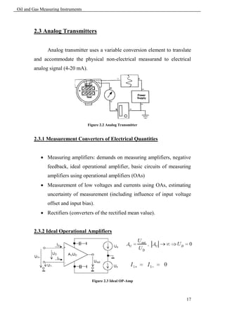 Oil and Gas Measuring Instruments



        2.3 Analog Transmitters


               Analog transmitter uses a variable conversion element to translate
        and accommodate the physical non-electrical measurand to electrical
        analog signal (4-20 mA).




                                    Figure 2.2 Analog Transmitter


        2.3.1 Measurement Converters of Electrical Quantities


             Measuring amplifiers: demands on measuring amplifiers, negative
               feedback, ideal operational amplifier, basic circuits of measuring
               amplifiers using operational amplifiers (OAs)
             Measurement of low voltages and currents using OAs, estimating
               uncertainty of measurement (including influence of input voltage
               offset and input bias).
             Rectifiers (converters of the rectified mean value).


        2.3.2 Ideal Operational Amplifiers




                                      Figure 2.3 Ideal OP-Amp



                                                                               17
 
