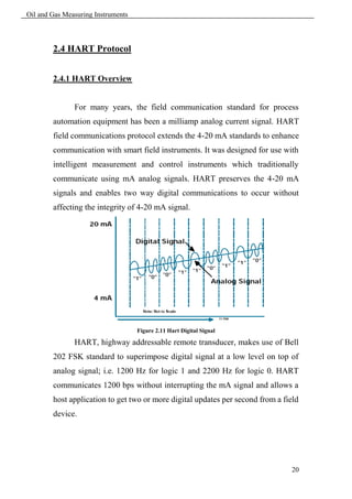 Oil and Gas Measuring Instruments



        2.4 HART Protocol


        2.4.1 HART Overview


               For many years, the field communication standard for process
        automation equipment has been a milliamp analog current signal. HART
        field communications protocol extends the 4-20 mA standards to enhance
        communication with smart field instruments. It was designed for use with
        intelligent measurement and control instruments which traditionally
        communicate using mA analog signals. HART preserves the 4-20 mA
        signals and enables two way digital communications to occur without
        affecting the integrity of 4-20 mA signal.




                                    Figure 2.11 Hart Digital Signal

               HART, highway addressable remote transducer, makes use of Bell
        202 FSK standard to superimpose digital signal at a low level on top of
        analog signal; i.e. 1200 Hz for logic 1 and 2200 Hz for logic 0. HART
        communicates 1200 bps without interrupting the mA signal and allows a
        host application to get two or more digital updates per second from a field
        device.




                                                                                20
 