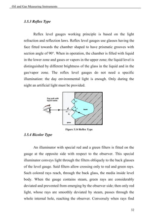 Oil and Gas Measuring Instruments



        3.5.3 Reflex Type


               Reflex level gauges working principle is based on the light
        refraction and reflection laws. Reflex level gauges use glasses having the
        face fitted towards the chamber shaped to have prismatic grooves with
        section angle of 90°. When in operation, the chamber is filled with liquid
        in the lower zone and gases or vapors in the upper zone; the liquid level is
        distinguished by different brightness of the glass in the liquid and in the
        gas/vapor zone. The reflex level gauges do not need a specific
        illumination: the day environmental light is enough. Only during the
        night an artificial light must be provided.




                                     Figure 3.14 Reflex Type

        3.5.4 Bicolor Type


               An illuminator with special red and a green filters is fitted on the
        gauge at the opposite side with respect to the observer. This special
        illuminator conveys light through the filters obliquely to the back glasses
        of the level gauge. Said filters allow crossing only to red and green rays.
        Such colored rays reach, through the back glass, the media inside level
        body. When the gauge contains steam, green rays are considerably
        deviated and prevented from emerging by the observer side; then only red
        light, whose rays are smoothly deviated by steam, passes through the
        whole internal hole, reaching the observer. Conversely when rays find


                                                                                 32
 