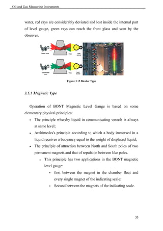 Oil and Gas Measuring Instruments



        water, red rays are considerably deviated and lost inside the internal part
        of level gauge, green rays can reach the front glass and seen by the
        observer.




                                       Figure 3.15 Bicolor Type



        3.5.5 Magnetic Type


            Operation of BONT Magnetic Level Gauge is based on some
        elementary physical principles:
               The principle whereby liquid in communicating vessels is always
                at same level;
               Archimedes's principle according to which a body immersed in a
                liquid receives a buoyancy equal to the weight of displaced liquid;
               The principle of attraction between North and South poles of two
                permanent magnets and that of repulsion between like poles.
                    o   This principle has two applications in the BONT magnetic
                        level gauge:
                              first between the magnet in the chamber float and
                               every single magnet of the indicating scale:
                              Second between the magnets of the indicating scale.




                                                                                     33
 