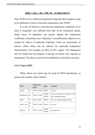 Oil and Gas Measuring Instruments



                        alpha = ( R100 - R0 ) / 100 . R0 in ohms/ohm/°C

        Note: RTDs cover a sufficient temperature range that their response needs
        to be calibrated in terms of the latest temperature scale ITS90.
               It is also of interest to note that the temperature coefficient of an
        alloy is frequently very different from that of the constituent metals.
        Small traces of impurities can greatly change the temperature
        coefficients. Sometimes trace "impurities" are deliberately added so as to
        swamp the effects of undesired impurities which are uneconomic to
        remove. Other alloys can be tailored for particular temperature
        characteristics. For example, an alloy of 84% copper, 12% Manganese
        and 4% Nickel has the property of having an almost zero response to
        temperature. The alloy is used for the manufacture of precision resistors.


        4.4.2.3 Types RTDs


               While almost any metal may be used for RTD manufacture, in
        practice the number used is limited.


                                     Temperature
               Metal                                   Alpha     Comments
                                     Range

               Copper          Pt    -200°C to 260°C 0.00427     Low cost

                                                       0.00300   Lower cost alternative to platinum in the
               Molybdenum Mo         -200°C to 200°C
                                                       0.00385   lower temperature ranges

               Nickel          Ni    -80°C to 260°C    0.00672   Low cost, limited temperature range

                               Ni-
               Nickel - Iron         -200°C to 200°C 0.00518     Low cost
                               Fe

                                                       0.00385
               Platinum        Pt    -240°C to 660°C             Good precision
                                                       0.00392




                                                                                                             55
 
