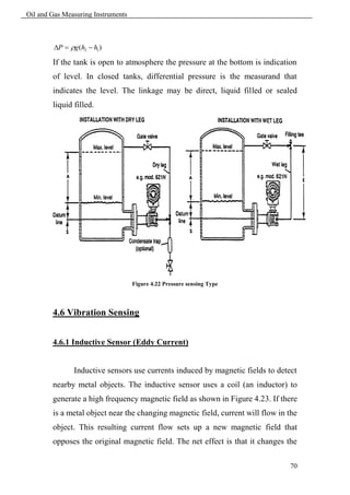 Oil and Gas Measuring Instruments



         P  g (h2  h1 )

        If the tank is open to atmosphere the pressure at the bottom is indication
        of level. In closed tanks, differential pressure is the measurand that
        indicates the level. The linkage may be direct, liquid filled or sealed
        liquid filled.




                                    Figure 4.22 Pressure sensing Type




        4.6 Vibration Sensing


        4.6.1 Inductive Sensor (Eddy Current)


                Inductive sensors use currents induced by magnetic fields to detect
        nearby metal objects. The inductive sensor uses a coil (an inductor) to
        generate a high frequency magnetic field as shown in Figure 4.23. If there
        is a metal object near the changing magnetic field, current will flow in the
        object. This resulting current flow sets up a new magnetic field that
        opposes the original magnetic field. The net effect is that it changes the

                                                                                 70
 