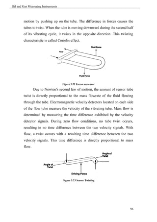 Oil and Gas Measuring Instruments



        motion by pushing up on the tube. The difference in forces causes the
        tubes to twist. When the tube is moving downward during the second half
        of its vibrating cycle, it twists in the opposite direction. This twisting
        characteristic is called Coriolis effect.




                                    Figure 5.22 Forces on sensor

                Due to Newton's second law of motion, the amount of sensor tube
        twist is directly proportional to the mass flowrate of the fluid flowing
        through the tube. Electromagnetic velocity detectors located on each side
        of the flow tube measure the velocity of the vibrating tube. Mass flow is
        determined by measuring the time difference exhibited by the velocity
        detector signals. During zero flow conditions, no tube twist occurs,
        resulting in no time difference between the two velocity signals. With
        flow, a twist occurs with a resulting time difference between the two
        velocity signals. This time difference is directly proportional to mass
        flow.




                                    Digure 5.23 Sensor Twisting




                                                                                96
 