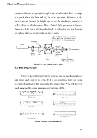 Oil and Gas Measuring Instruments



        component beams are passed through a lens which makes them converge
        at a point where the flow velocity is to be measured. Whenever a dirt
        particle passes through the bright spot where the two beams intersect, it
        reflects light in all directions. This reflected light possesses a Doppler
        frequency shift. Some of it is picked up by a collecting lens and focused
        on a photo detector which reads out the velocity.




                               Figure 5.25 Laser Doppler velocity meter

        5.7 Two Phase Flow


               Wherever possible it is better to separate the gas and liquid phases
        and meter each one on its own. If it is not practical, there are some
        recognized techniques for measuring two phase flow. You will have to
        work very hard to obtain accuracy approaching 10%.




                                    Figure 5.26 Two Phase flow behavior




                                                                                98
 
