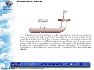 Pitot and Static Sources

 FIGURE 1-1
 Static Head




                      4.      Static vents are more commonly used in modern aircraft to detect static pressure. A static vent
                      consists of a smooth plate with a small hole in the middle. The plate is mounted flush with the
                      aircraft skin at a point where the air flow is relatively undisturbed by the airframe structure itself.
                      This is to ensure that, as far as possible, the static pressure sensed at the vent will be pure ambient
                      pressure, which is free of errors caused by the presence of the aircraft or the speed of the aircraft
                      through the air. It is normal to mount two static vents, one on each side of the aircraft, thereby
                      cancelling errors in the sensed pressure caused by aircraft yaw or side slip; this process is called static
                      balancing




Chapter 1 Page 2   © G LONGHURST 1999 All Rights Reserved Worldwide
 