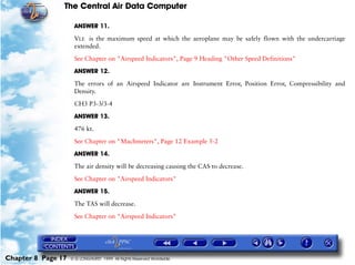 The Central Air Data Computer

                     ANSWER 11.

                     VLE is the maximum speed at which the aeroplane may be safely flown with the undercarriage
                     extended.

                     See Chapter on "Airspeed Indicators", Page 9 Heading "Other Speed Definitions"

                     ANSWER 12.

                     The errors of an Airspeed Indicator are Instrument Error, Position Error, Compressibility and
                     Density.

                     CH3 P3-3/3-4

                     ANSWER 13.

                     476 kt.

                     See Chapter on "Machmeters", Page 12 Example 5-2

                     ANSWER 14.

                     The air density will be decreasing causing the CAS to decrease.

                     See Chapter on "Airspeed Indicators"

                     ANSWER 15.

                     The TAS will decrease.

                     See Chapter on "Airspeed Indicators"




Chapter 8 Page 17   © G LONGHURST 1999 All Rights Reserved Worldwide
 