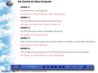 The Central Air Data Computer

                     ANSWER 16.

                     The ASI will show a decreasing IAS.

                     See Chapter on "Airspeed Indicators", Page 7 Paragraph 19

                     ANSWER 17.

                     The CAS will decrease due to decreasing static pressure.

                     See Chapter on "Machmeters", Page 19 Example 5-8

                     ANSWER 18.

                     The TAS will increase and the actual height will increase.

                     See Chapter on "Airspeed Indicators"

                     ANSWER 19.

                     If the subscale has been wrongly set by 2 mb, the readout error will be a constant 60ft at all altitudes.

                     See Chapter on "Pressure Altimeters"

                     ANSWER 20.

                     If you double your true airspeed in air of fixed density, the dynamic pressure will quadruple.

                     See Chapter on "Airspeed Indicators", Page 3 Paragraph 5




Chapter 8 Page 18   © G LONGHURST 1999 All Rights Reserved Worldwide
 