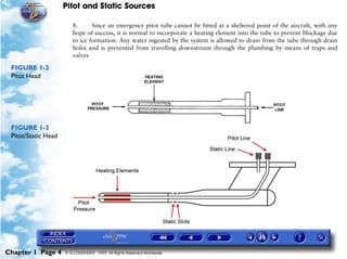 Pitot and Static Sources

                        8.      Since an emergency pitot tube cannot be fitted at a sheltered point of the aircraft, with any
                        hope of success, it is normal to incorporate a heating element into the tube to prevent blockage due
                        to ice formation. Any water ingested by the system is allowed to drain from the tube through drain
                        holes and is prevented from travelling downstream through the plumbing by means of traps and
                        valves

 FIGURE 1-2
 Pitot Head




 FIGURE 1-3
 Pitot/Static Head




Chapter 1 Page 4     © G LONGHURST 1999 All Rights Reserved Worldwide
 