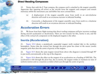 Direct Reading Compasses

                     19.    Notice that with the E Type compass, the compass card is attached to the magnet assembly.
                     Appreciate that (ignoring all errors) as the aircraft turns the magnets and compass card remain
                     stationary whilst the instrument case and lubber line move around them.

                               (a)      A displacement of the magnet assembly away from north in an anti-clockwise
                                        direction will result in an erroneous increase in indicated heading.

                               (b)      Conversely, a displacement of the magnet assembly away from north in a clockwise
                                        direction will result in an erroneous decrease in indicated heading.

                     Acceleration Errors
                     20.     We know from basic flight training that direct reading compasses will give incorrect readings
                     during aircraft acceleration or deceleration. There are two reasons for this, inertia is one, and the
                     effect of the vertical (Z) component on the displaced magnets is the other.

                     Inertia (Acceleration)
                     21.   Figure 10-4 shows a pendulously suspended magnet (with residual dip) in the northern
                     hemisphere. Notice that the vertical line through the pivot point lies closer to the nearer (north)
                     magnetic pole than does the centre of gravity of the magnet.

                     22.    Figure 10-5 shows the same magnet viewed from above (the diagram is rotated through 90°
                     to put north conventionally at the top of the diagram).

                     23.    Figure 10-6 shows the effect on the magnet of an acceleration on a heading of 090°(M). The
                     acceleration is felt through the pivot but, due to inertia, the magnet wishes to maintain its state of
                     uniform motion and so a reaction is evident which acts through the centre of gravity




Chapter 10 Page 8   © G LONGHURST 1999 All Rights Reserved Worldwide
 