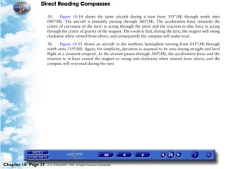 Direct Reading Compasses

                     35.    Figure 10-14 shows the same aircraft during a turn from 315°(M) through north onto
                     045°(M). The aircraft is presently passing through 360°(M). The acceleration force (towards the
                     centre of curvature of the turn) is acting through the pivot and the reaction to this force is acting
                     through the centre of gravity of the magnet. The result is that, during the turn, the magnet will swing
                     clockwise when viewed from above, and consequently the compass will under-read.

                     36.     Figure 10-15 shows an aircraft in the northern hemisphere turning from 045°(M) through
                     north onto 315°(M). Again, for simplicity, deviation is assumed to be zero during straight and level
                     flight at a constant airspeed. As the aircraft passes through 360°(M), the acceleration force and the
                     reaction to it have caused the magnet to swing anti-clockwise when viewed from above, and the
                     compass will over-read during the turn




Chapter 10 Page 21   © G LONGHURST 1999 All Rights Reserved Worldwide
 