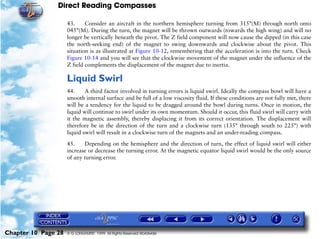 Direct Reading Compasses

                     43.     Consider an aircraft in the northern hemisphere turning from 315°(M) through north onto
                     045°(M). During the turn, the magnet will be thrown outwards (towards the high wing) and will no
                     longer be vertically beneath the pivot. The Z field component will now cause the dipped (in this case
                     the north-seeking end) of the magnet to swing downwards and clockwise about the pivot. This
                     situation is as illustrated at Figure 10-12, remembering that the acceleration is into the turn. Check
                     Figure 10-14 and you will see that the clockwise movement of the magnet under the influence of the
                     Z field complements the displacement of the magnet due to inertia.

                     Liquid Swirl
                     44.     A third factor involved in turning errors is liquid swirl. Ideally the compass bowl will have a
                     smooth internal surface and be full of a low viscosity fluid. If these conditions are not fully met, there
                     will be a tendency for the liquid to be dragged around the bowl during turns. Once in motion, the
                     liquid will continue to swirl under its own momentum. Should it occur, this fluid swirl will carry with
                     it the magnetic assembly, thereby displacing it from its correct orientation. The displacement will
                     therefore be in the direction of the turn and a clockwise turn (135° through south to 225°) with
                     liquid swirl will result in a clockwise turn of the magnets and an under-reading compass.

                     45.    Depending on the hemisphere and the direction of turn, the effect of liquid swirl will either
                     increase or decrease the turning error. At the magnetic equator liquid swirl would be the only source
                     of any turning error.




Chapter 10 Page 28   © G LONGHURST 1999 All Rights Reserved Worldwide
 