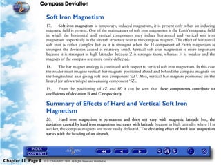Compass Deviation

                     Soft Iron Magnetism
                     17.     Soft iron magnetism is temporary, induced magnetism, it is present only when an inducing
                     magnetic field is present. One of the main causes of soft iron magnetism is the Earth’s magnetic field
                     in which the horizontal and vertical components may induce horizontal and vertical soft iron
                     magnetism respectively in the aircraft structure near to the compass magnets. The effect of horizontal
                     soft iron is rather complex but as it is strongest when the H component of Earth magnetism is
                     strongest the deviation caused is relatively small. Vertical soft iron magnetism is more important
                     because it is strongest in high latitudes because Z is stronger there, whereas H is weaker and the
                     magnets of the compass are more easily deflected.

                     18.     The bar magnet analogy is continued with respect to vertical soft iron magnetism. In this case
                     the reader must imagine vertical bar magnets positioned ahead and behind the compass magnets on
                     the longitudinal axis giving soft iron component ‘cZ’. Also, vertical bar magnets positioned on the
                     lateral (or athwartships) axis causing component ‘fZ’.

                     19.     From the positioning of cZ and fZ it can be seen that these components contribute to
                     coefficients of deviation B and C respectively.

                     Summary of Effects of Hard and Vertical Soft Iron
                     Magnetism
                     20.    Hard iron magnetism is permanent and does not vary with magnetic latitude but, the
                     deviation caused by hard iron magnetism increases with latitude because in high latitudes where H is
                     weaker, the compass magnets are more easily deflected. The deviating effect of hard iron magnetism
                     varies with the heading of an aircraft.




Chapter 11 Page 8   © G LONGHURST 1999 All Rights Reserved Worldwide
 