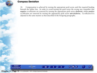 Compass Deviation

                     32.     Compensation is achieved by turning the appropriate grub screw until the required heading
                     beneath the lubber line. In order to avoid turning the grub screw the wrong way remember that
                     negative co-efficients are removed by turning the appropriate grub screw clockwise, whilst positive
                     co-efficients are removed by turning the appropriate grub screw anti-clockwise. Co-efficient B is
                     adjusted in the same manner as that described in the foregoing paragraphs.




Chapter 11 Page 12   © G LONGHURST 1999 All Rights Reserved Worldwide
 