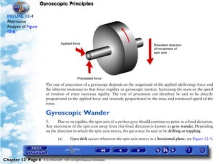 Gyroscopic Principles

 FIGURE 12-4
 Alternative
 Analysis of Figure
 12-4




                        The rate of precession of a gyroscope depends on the magnitude of the applied (deflecting) force and
                        the inherent resistance to that force (rigidity or gyroscopic inertia). Increasing the mass or the speed
                        of rotation of rotor increases rigidity. The rate of precession can therefore be said to be directly
                        proportional to the applied force and inversely proportional to the mass and rotational speed of the
                        rotor.

                        Gyroscopic Wander
                        5.     Due to its rigidity, the spin axis of a perfect gyro should continue to point in a fixed direction.
                        Any movement of the spin axis away from this fixed direction is known as gyro wander. Depending
                        on the direction in which the spin axis moves, the gyro may be said to be drifting or toppling.

                                  (a)      Gyro drift occurs whenever the spin axis moves in a horizontal plane, see Figure 12-5.




Chapter 12 Page 6      © G LONGHURST 1999 All Rights Reserved Worldwide
 