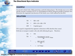 The Directional Gyro Indicator

 EXAMPLE 14-1
                      EXAMPLE
                      An aircraft is fitted with a DGI containing a perfectly balanced gyro. The latitude nut is set to 54°S
                      and the aircraft is tracking 270°(T) at a groundspeed of 640 kt along the parallel of latitude 54°S.
                      Determine the magnitude and direction of the hourly rate of drift suffered by this DGI.

                      SOLUTION

                                             TD       =       RD + AD

                                             TD       =       RW + LN + ER + TW

                                             RW       =       0 (perfect gyro)

                      LN is equal in magnitude but opposite in direction to ER, therefore they cancel.
                      Drift due to transport wander is the only drift affecting the gyro. Therefore:

                                             TD       =      TW

                                             TD       =                 Groundspeed × tan lat
                                                                  –     ----------------------------------------------------- °/hour
                                                                                                                            -
                                                                                                60
                                                      =                 640 × tan 54°
                                                                 –      --------------------------------
                                                                                     60
                                                      =          –      14.7°/hour




Chapter 14 Page 16   © G LONGHURST 1999 All Rights Reserved Worldwide
 