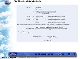The Directional Gyro Indicator


                                          Sin 40°             =            opposite
                                                                       --------------------------
                                                                                                -
                                                                       hypotenuse
                                                              =        easterly component of groundspeed
                                                                       ------------------------------------------------------------------------------------
                                                                                                                                                          -
                                                                                                  groundspeed
                                          Sin 40°              x         groundspeed                         =           easterly component of g/speed

                                          0.643                x       560                                   =           easterly component of g/speed

                                                                       360kt                                 =           easterly component of g/speed
                     The formula for drift due to transport wander is now used in a slightly modified form:

                                                        EW Component of Groundspeed x Tan Mid Lat
                                         Drift Due TW = -------------------------------------------------------------------------------------------------------------------
                                                                                                                                                                          -°/hour
                                                                                                               60
                     which in this case gives:


                                                                Drift due TW                             = – 360 × tan 72
                                                                                                           -------------------------------- °/hour
                                                                                                                                          -
                                                                                                                                 60
                                                                                                         = – 18.5°/hr




Chapter 14 Page 19   © G LONGHURST 1999 All Rights Reserved Worldwide
 
