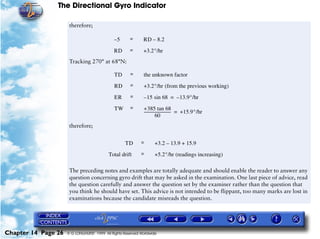 The Directional Gyro Indicator

                      therefore;

                                              –5      =       RD – 8.2

                                              RD      =       +3.2°/hr
                      Tracking 270° at 68°N:

                                              TD      =       the unknown factor

                                              RD      =       +3.2°/hr (from the previous working)

                                              ER      =       – 15 sin 68 = – 13.9°/hr

                                              TW      =       +385 tan 68
                                                              ---------------------------- = +15.9°/hr
                                                                                         -
                                                                          60
                      therefore;


                                                    TD      =        +3.2 – 13.9 + 15.9

                                           Total drift      =        +5.2°/hr (readings increasing)

                      The preceding notes and examples are totally adequate and should enable the reader to answer any
                      question concerning gyro drift that may be asked in the examination. One last piece of advice, read
                      the question carefully and answer the question set by the examiner rather than the question that
                      you think he should have set. This advice is not intended to be flippant, too many marks are lost in
                      examinations because the candidate misreads the question.




Chapter 14 Page 26   © G LONGHURST 1999 All Rights Reserved Worldwide
 