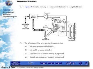 Pressure Altimeters

                         16.       Figure 2-4 shows the workings of a servo-assisted altimeter in a simplified format

 FIGURE 2-4
 Servo-Assisted
 Altimeter -
 Simplified Diagram




                         17.       The advantages of the servo-assisted altimeter are that:

                                   (a)      It is more accurate at all altitudes.

                                   (b)      It is usable to greater altitudes.

                                   (c)      Digital readout of altitude is easily incorporated.

                                   (d)      Altitude warning devices are easily incorporated.




Chapter 2 Page 9      © G LONGHURST 1999 All Rights Reserved Worldwide
 