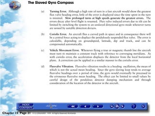 The Slaved Gyro Compass

                              (a)       Turning Error. Although a high rate of turn in a fast aircraft would show the greatest
                                        flux valve heading error, little of the error is displayed since the time spent in the turn
                                        is minimal. Slow prolonged turns at high speeds generate the greatest errors. The
                                        errors decay after level flight is resumed. Flux valve induced errors due to tilt can be
                                        limited by switching the system to an unslaved directional gyro mode whenever turns
                                        are sensed by suitable detection devices.

                              (b)       Coriolis Error. An aircraft flies a curved path in space and in consequence there will
                                        be a central force acting to displace the pendulously suspended flux valve. The error is
                                        calculable, depending on groundspeed, latitude, dip and track, and can be
                                        compensated automatically.

                              (c)       Vehicle Movement Error. Whenever flying a true or magnetic rhumb line the aircraft
                                        must turn to maintain a constant track with reference to converging meridians. As
                                        with coriolis error, the acceleration displaces the detector from the local horizontal
                                        plane. A correction can be applied in a similar manner to the coriolis error.

                              (d)       Fluxvalve Vibration. Fluxvalve vibration results in a heading oscillation, the mean of
                                        which is not the actual mean heading. Since the gyro slaving loop tends to average
                                        fluxvalve headings over a period of time, the gyro would eventually be precessed to
                                        the erroneous fluxvalve mean heading. The effect can be limited to small values by
                                        careful design of the pendulous detector damping mechanism and through
                                        consideration of the location of the detector in the aircraft.




Chapter 15 Page 21   © G LONGHURST 1999 All Rights Reserved Worldwide
 