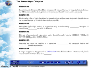 The Slaved Gyro Compass

                     QUESTION 13.

                     Deviation due to Horizontal Hard Iron increases with increase/decrease of magnetic latitude because
                     the Z/H component of earth magnetism is increasing and the Z/H component is decreasing:

                     QUESTION 14.

                     The deviating effect of vertical soft iron increases/decreases with decrease of magnetic latitude, due to
                     the increase/decrease of H and the increase/decrease of Z.

                     QUESTION 15.

                     The rigidity (gyroscopic inertia) of a gyroscope may be increased by ___________ the speed of
                     rotation and ___________ the mass of the rotor.

                     QUESTION 16.

                     The rate of precession of a gyroscope varies directly/inversely with (a) APPLIED FORCE, (b)
                     ROTOR SPEED, and (c) ROTOR MASS

                     QUESTION 17.
                     Increasing the speed of rotation of a gyroscope _____________ its gyroscopic inertia and
                     ___________ its rate of precession.

                     QUESTION 18.

                     A torque is applied to the gyroscope at FIGURE 239 in the Reference Book. The Gyro will precess
                     clockwise/anti-clockwise about axis _________.




Chapter 15 Page 29   © G LONGHURST 1999 All Rights Reserved Worldwide
 