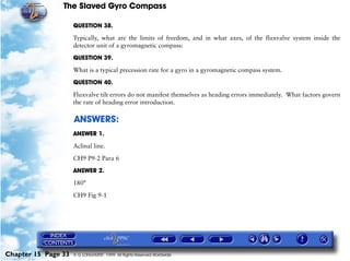 The Slaved Gyro Compass

                     QUESTION 38.

                     Typically, what are the limits of freedom, and in what axes, of the fluxvalve system inside the
                     detector unit of a gyromagnetic compass:

                     QUESTION 39.

                     What is a typical precession rate for a gyro in a gyromagnetic compass system.

                     QUESTION 40.

                     Fluxvalve tilt errors do not manifest themselves as heading errors immediately. What factors govern
                     the rate of heading error introduction.

                     ANSWERS:
                     ANSWER 1.

                     Aclinal line.

                     CH9 P9-2 Para 6

                     ANSWER 2.

                     180°

                     CH9 Fig 9-1




Chapter 15 Page 33   © G LONGHURST 1999 All Rights Reserved Worldwide
 