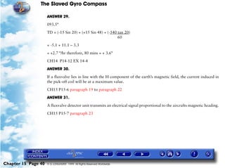 The Slaved Gyro Compass

                     ANSWER 29.

                     093.5°

                     TD = (-15 Sin 20) + (+15 Sin 48) + (-540 tan 20)
                                                              60

                     = -5.1 + 11.1 – 3.3

                     = +2.7 °/hr therefore, 80 mins = + 3.6°

                     CH14 P14-12 EX 14-4

                     ANSWER 30.

                     If a fluxvalve lies in line with the H component of the earth’s magnetic field, the current induced in
                     the pick-off coil will be at a maximum value.

                     CH15 P15-6 paragraph 19 to paragraph 22

                     ANSWER 31.

                     A fluxvalve detector unit transmits an electrical signal proportional to the aircrafts magnetic heading.

                     CH15 P15-7 paragraph 23




Chapter 15 Page 40   © G LONGHURST 1999 All Rights Reserved Worldwide
 