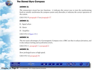 The Slaved Gyro Compass

                     ANSWER 32.

                     The annunciator circuit has two functions - it indicates the correct way to turn the synchronising
                     knob to initially synchronise the compass system and, thereafter, it indicates the correct operation of
                     the system.

                     CH15 P15-9 paragraph 35 to paragraph 37

                     ANSWER 33.

                     B - Signal selsyn

                     H - Rotor

                     D - Amplifier

                     CH15 P15-2 Figure 15-1

                     ANSWER 34.

                     The two main advantages of a Gyromagnetic Compass over a DRC are that it reduces deviation, and
                     it also reduces turning and acceleration errors.

                     CH15 P15-1 paragraph 1 + paragraph 2

                     ANSWER 35.

                     Slow prolonged turns at high speed.

                     CH15 P15-12 paragraph 41




Chapter 15 Page 41   © G LONGHURST 1999 All Rights Reserved Worldwide
 