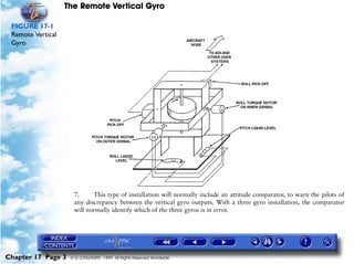 The Remote Vertical Gyro

 FIGURE 17-1
 Remote Vertical
 Gyro




                     7.     This type of installation will normally include an attitude comparator, to warn the pilots of
                     any discrepancy between the vertical gyro outputs. With a three gyro installation, the comparator
                     will normally identify which of the three gyros is in error.




Chapter 17 Page 3   © G LONGHURST 1999 All Rights Reserved Worldwide
 