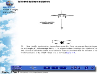Turn and Balance Indicators

 FIGURE 18-3
 Aircraft in Straight
 and Level Flight




                          20.     Now consider an aircraft in a balanced turn to the left. There are now two forces acting on
                          the ball, weight (W), and centrifugal force (C). The magnitude of the centrifugal force depends on the
                          TAS and rate of turn of the aircraft. For a turn to be balanced (no slip or skid) the resolution of the
                          two forces must lie in the aircraft vertical axis, as shown at Figure 18-4.




Chapter 18 Page 8        © G LONGHURST 1999 All Rights Reserved Worldwide
 