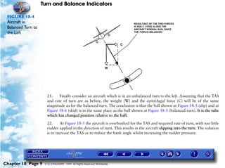 Turn and Balance Indicators

 FIGURE 18-4
 Aircraft in
 Balanced Turn to
 the Left




                      21.    Finally consider an aircraft which is in an unbalanced turn to the left. Assuming that the TAS
                      and rate of turn are as before, the weight (W) and the centrifugal force (C) will be of the same
                      magnitude as for the balanced turn. The conclusion is that the ball shown at Figure 18-5 (slip) and at
                      Figure 18-6 (skid) is in the same place as the ball shown at Figure 18-5 (balanced turn). It is the tube
                      which has changed position relative to the ball.

                      22.     At Figure 18-5 the aircraft is overbanked for the TAS and required rate of turn, with too little
                      rudder applied in the direction of turn. This results in the aircraft slipping into the turn. The solution
                      is to increase the TAS or to reduce the bank angle whilst increasing the rudder pressure.




Chapter 18 Page 9    © G LONGHURST 1999 All Rights Reserved Worldwide
 