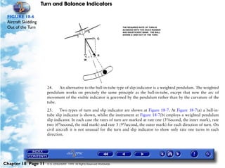 Turn and Balance Indicators

 FIGURE 18-6
 Aircraft Skidding
 Out of the Turn




                       24.   An alternative to the ball-in-tube type of slip indicator is a weighted pendulum. The weighted
                       pendulum works on precisely the same principle as the ball-in-tube, except that now the arc of
                       movement of the visible indicator is governed by the pendulum rather than by the curvature of the
                       tube.

                       25.      Two types of turn and slip indicator are shown at Figure 18-7. At Figure 18-7(a) a ball-in-
                       tube slip indicator is shown, whilst the instrument at Figure 18-7(b) employs a weighted pendulum
                       slip indicator. In each case the rates of turn are marked at rate one (3°/second, the inner mark), rate
                       two (6°/second, the mid mark) and rate 3 (9°/second, the outer mark) for each direction of turn. On
                       civil aircraft it is not unusual for the turn and slip indicator to show only rate one turns in each
                       direction.




Chapter 18 Page 11     © G LONGHURST 1999 All Rights Reserved Worldwide
 