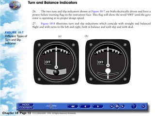 Turn and Balance Indicators

                        26.     The two turn and slip indicators shown at Figure 18-7 are both electrically driven and have a
                        power failure warning flag on the instrument face. This flag will show the word ‘OFF’ until the gyro
                        rotor is operating at its proper design speed.

                        27.     Figure 18-8 illustrates turn and slip indications which coincide with straight and balanced
                        flight and with turns to the left and right, both in balance and with slip and with skid.

 FIGURE 18-7
 Different Types of                                 (a)                    (b)
 Turn and Slip
 Indicator




Chapter 18 Page 12      © G LONGHURST 1999 All Rights Reserved Worldwide
 