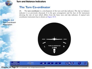 Turn and Balance Indicators

                      The Turn Co-ordinator
                      28.    The turn coordinator is a development of the turn and slip indicator. The slip (or balance)
                      indicator is as previously discussed. It is the gyro arrangement and the face of the instrument
                      showing the rate of turn which differs from the basic turn and slip indicator. A typical turn
                      coordinator instrument face is shown at Figure 18-9.

 FIGURE 18-9
 Turn Coordinator
                      .




 Presentation




Chapter 18 Page 14    © G LONGHURST 1999 All Rights Reserved Worldwide
 